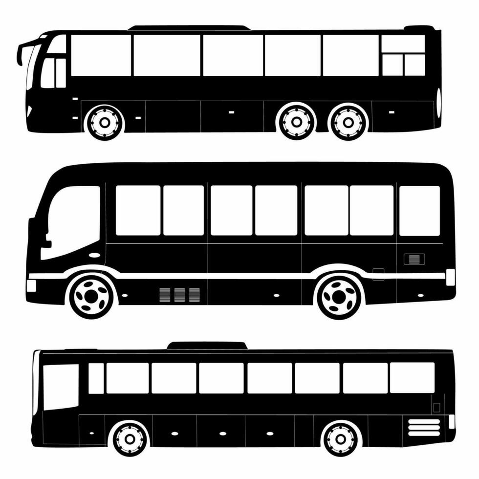 conjunto do vetor cidade ônibus silhuetas, logotipos, ícones