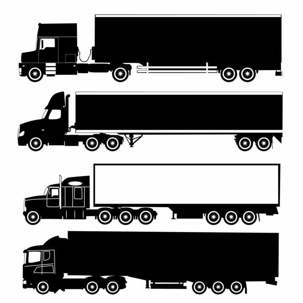 caixa caminhão ícone silhueta conjunto, branco fundo, logotipo vetor