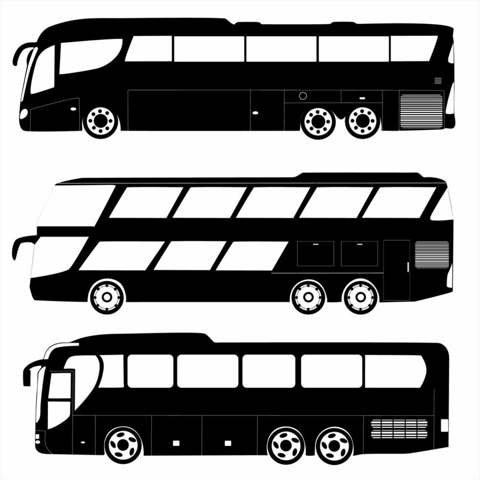 conjunto do vetor cidade ônibus silhuetas, logotipos, ícones
