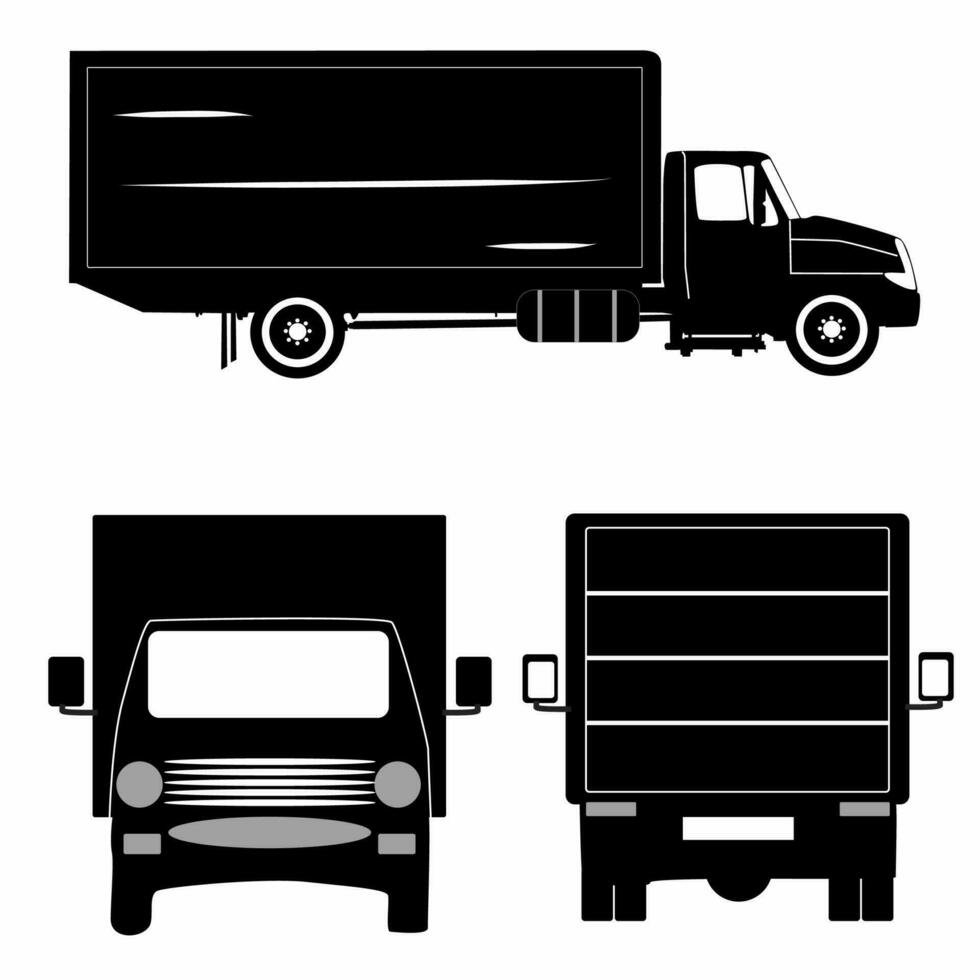 semi reboque caminhão silhueta em branco fundo. veículo ícone conjunto Visão a partir de lado, frente, costas vetor