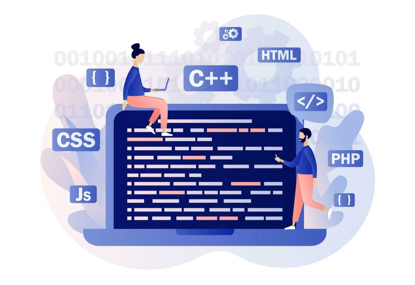 minúsculo pessoas programador ou desenvolvedor crio código programação linguagem. programação e Engenharia desenvolvimento. php,html, CSS, js. moderno plano desenho animado estilo. vetor ilustração em branco fundo