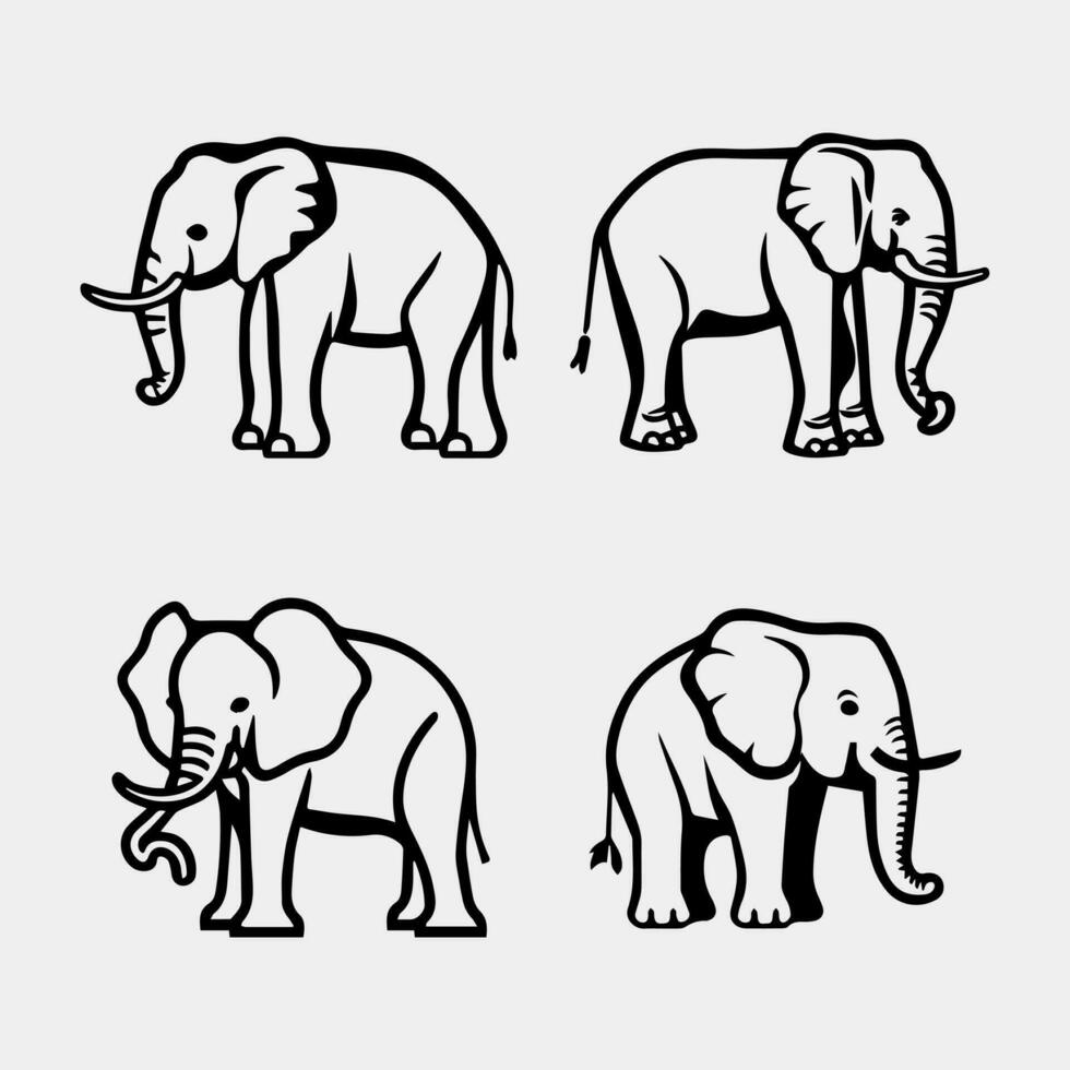 conjunto do Preto e branco elefantes dentro diferente poses vetor