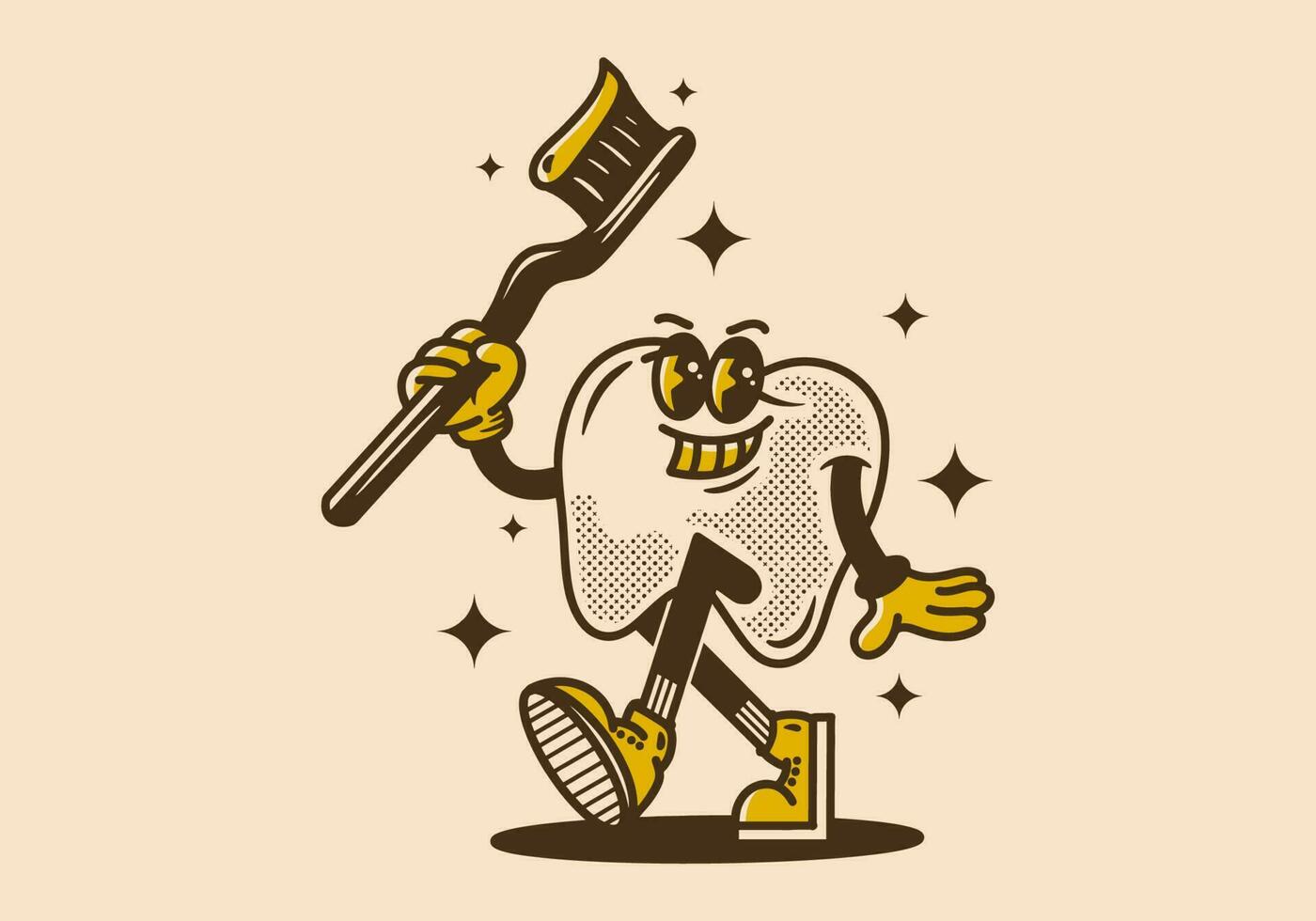 vintage mascote personagem do dente segurando uma dente escova vetor