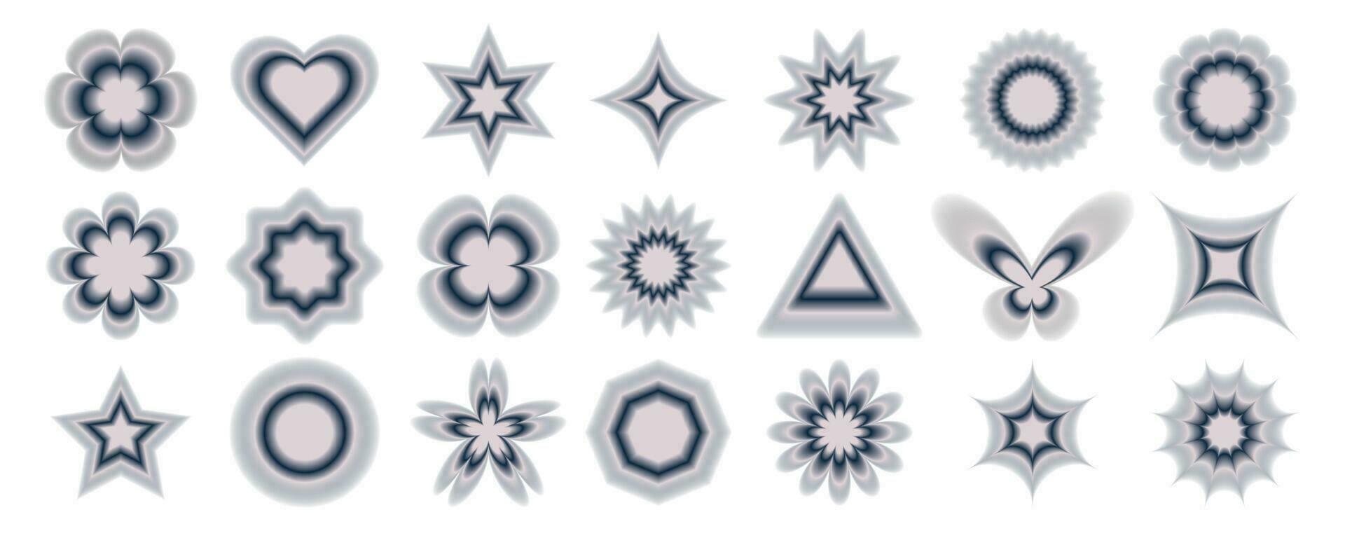 ano 2000 elementos com embaçado gradiente, Fora do foco efeito. abstrato geométrico formas dentro na moda retro estilo. coração, flor, estrela, círculo, espinhos. vetor