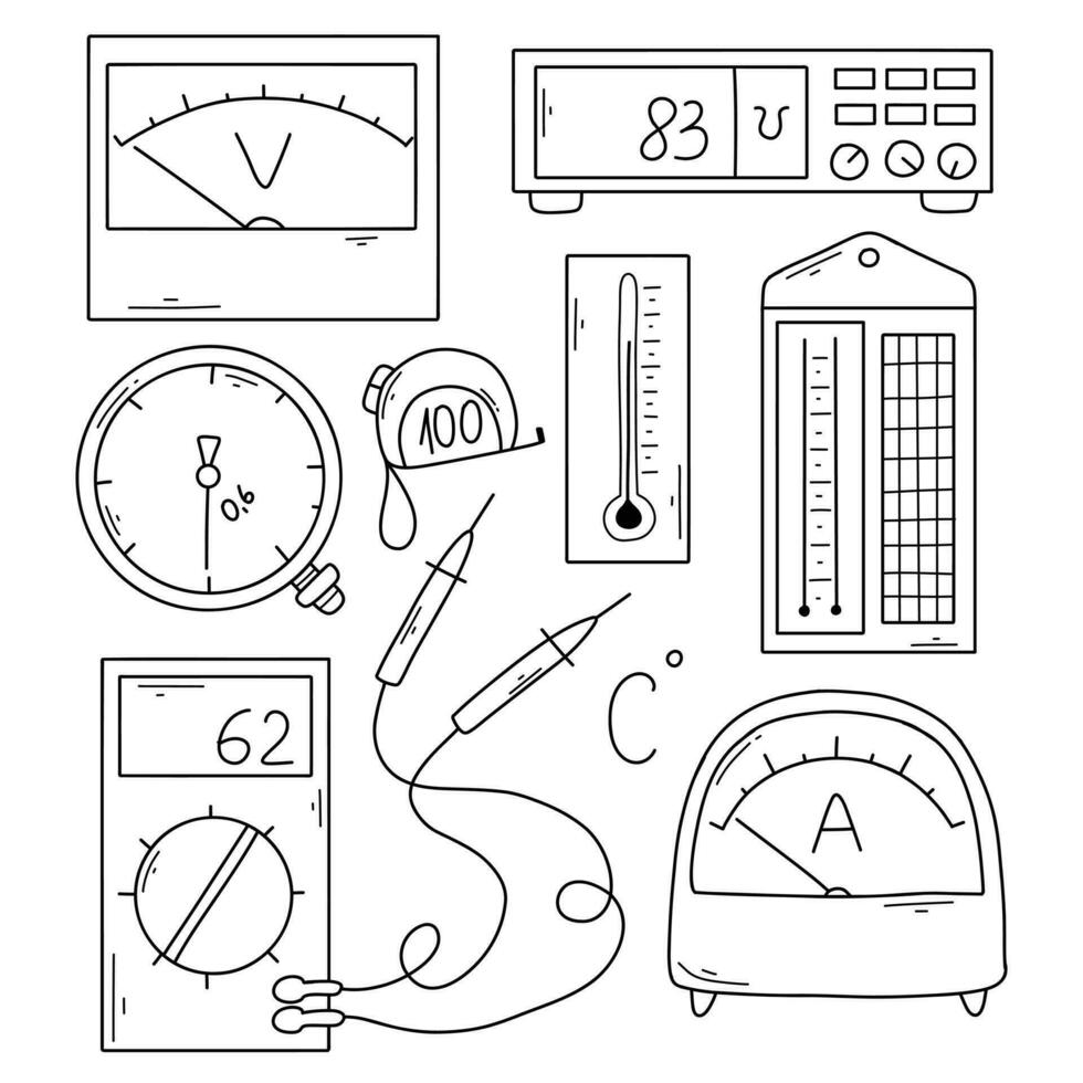 conjunto do metrológico instrumentos dentro rabisco estilo. vetor ilustração. linear medindo instrumentos.