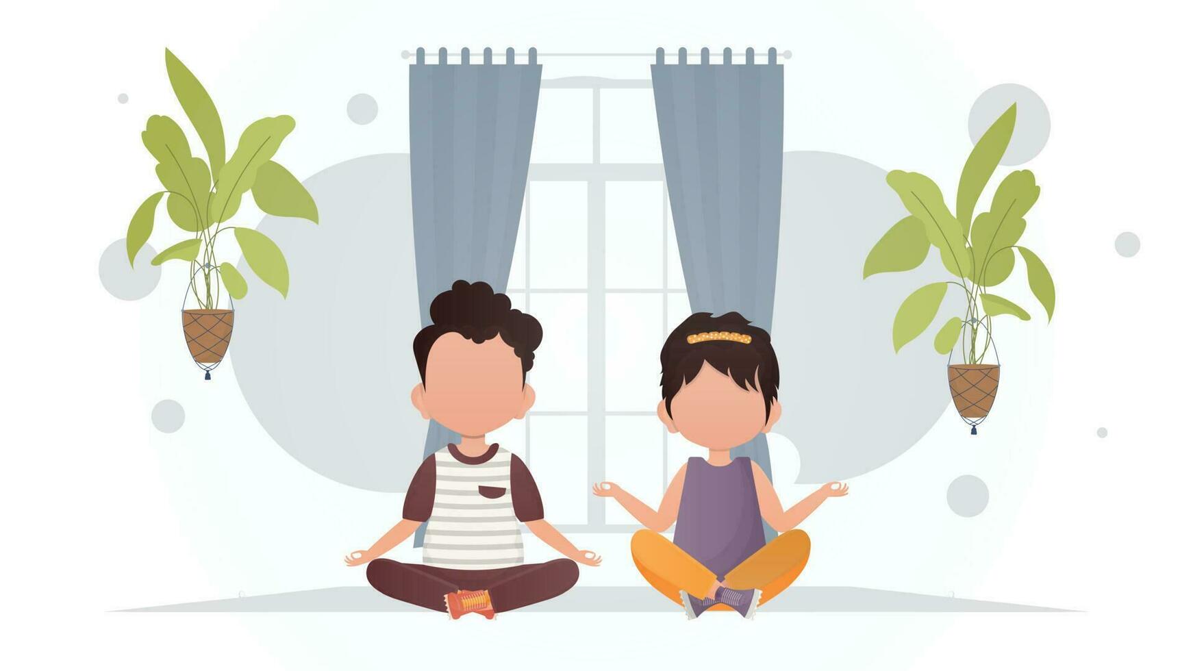 pequeno Garoto e fofa menina estão meditando dentro a sala. ioga. desenho animado estilo. vetor