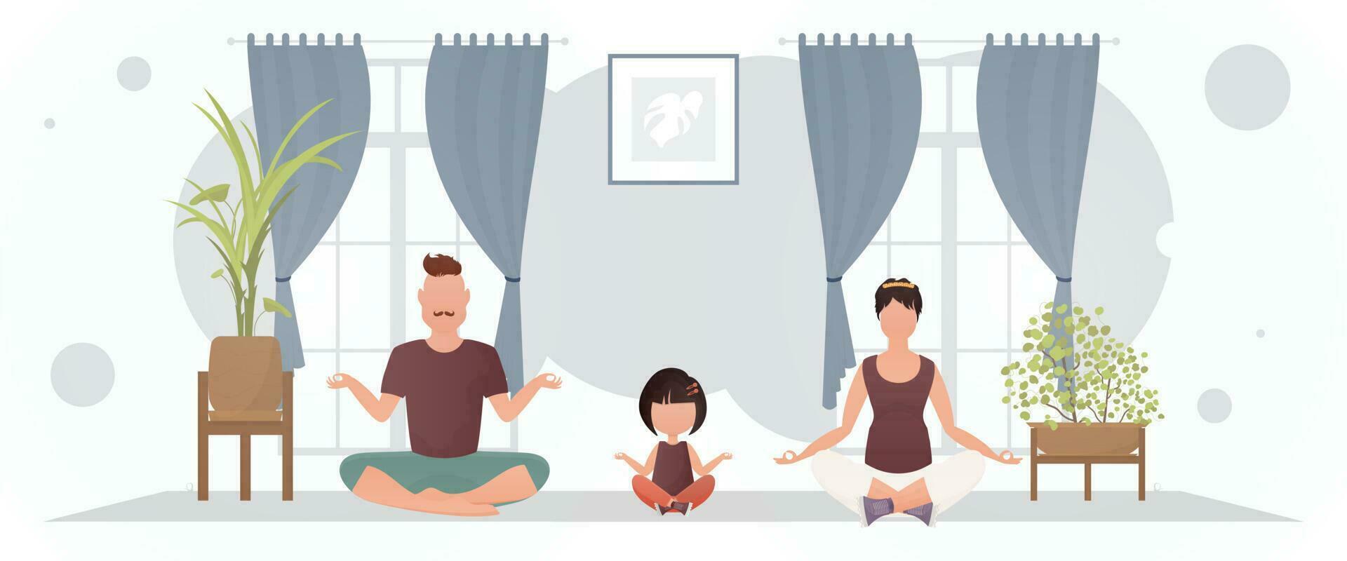 uma homem com uma mulher e uma pequeno menina estão acionado dentro meditação dentro a sala. meditação. desenho animado estilo. vetor