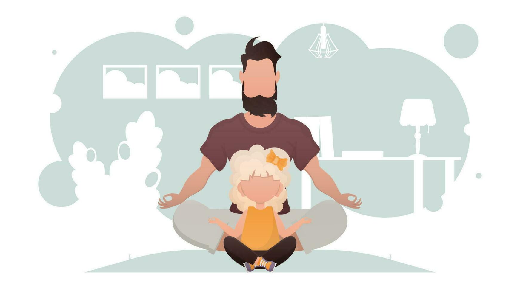 Papai e filha estão sentado meditando. ioga. desenho animado estilo. vetor