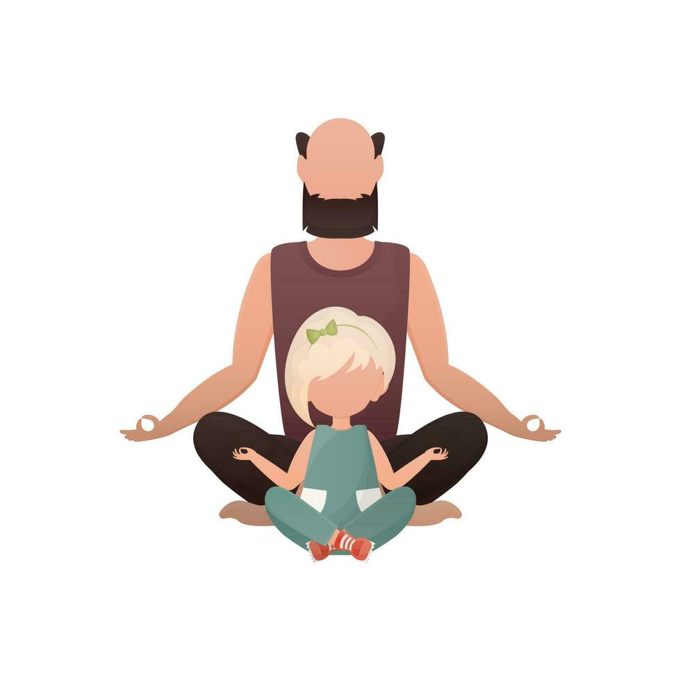 Papai e pequeno filha estão sentado meditando dentro a lótus posição. isolado. desenho animado estilo. vetor