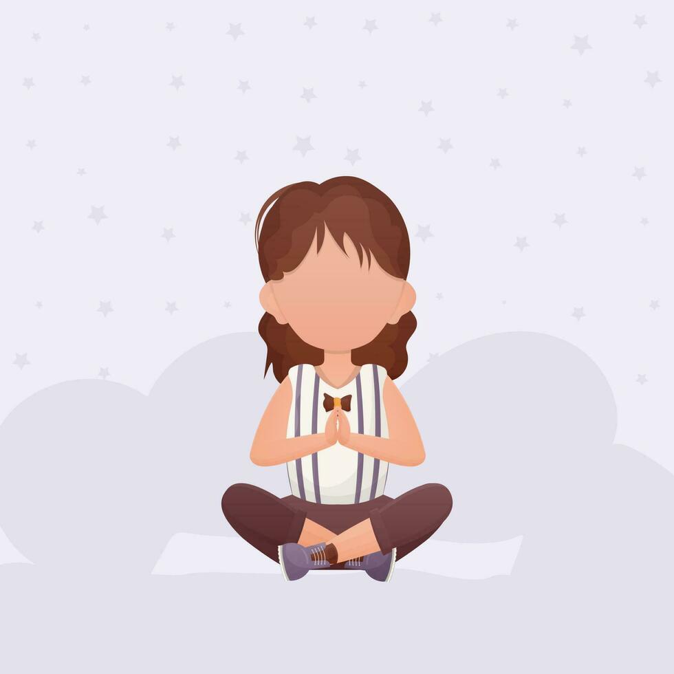 pequeno menina senta dentro a lótus posição. crianças meditação. vetor. vetor