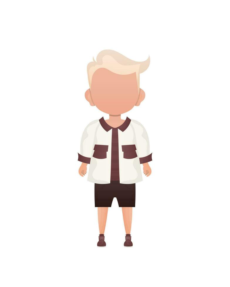 louro pequeno garoto, pré escola era dentro uma camisa e shorts. isolado. vetor ilustração dentro desenho animado estilo.