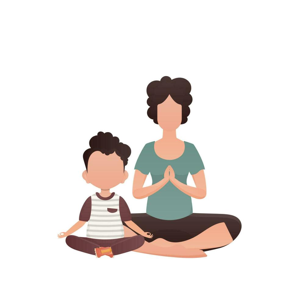 mãe e dela pequeno filho estão sentado meditando dentro a lótus posição. isolado. desenho animado estilo. vetor