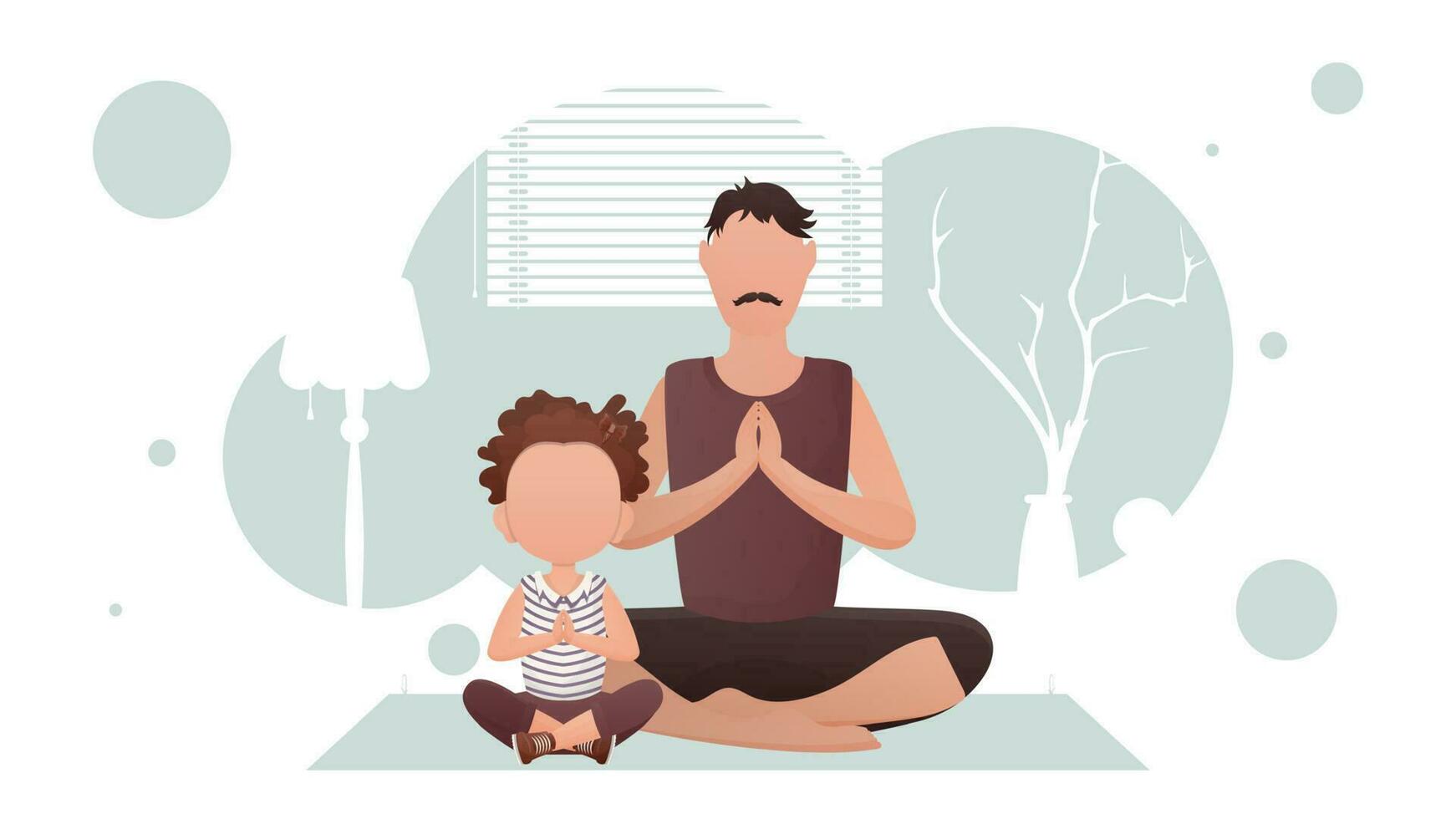 Papai e pequeno filha estão sentado meditando. ioga. desenho animado estilo. vetor