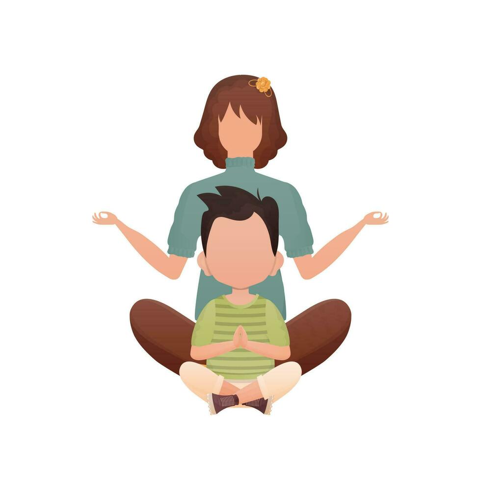 mãe com dela pequeno filho estão sentado fazendo ioga dentro a lótus posição. isolado. desenho animado estilo. vetor