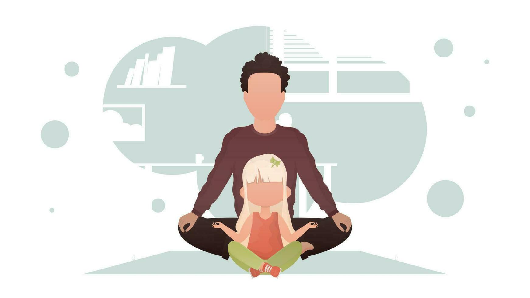 uma homem com uma pequeno menina estão sentado meditando dentro a lótus posição. ioga. desenho animado estilo. vetor