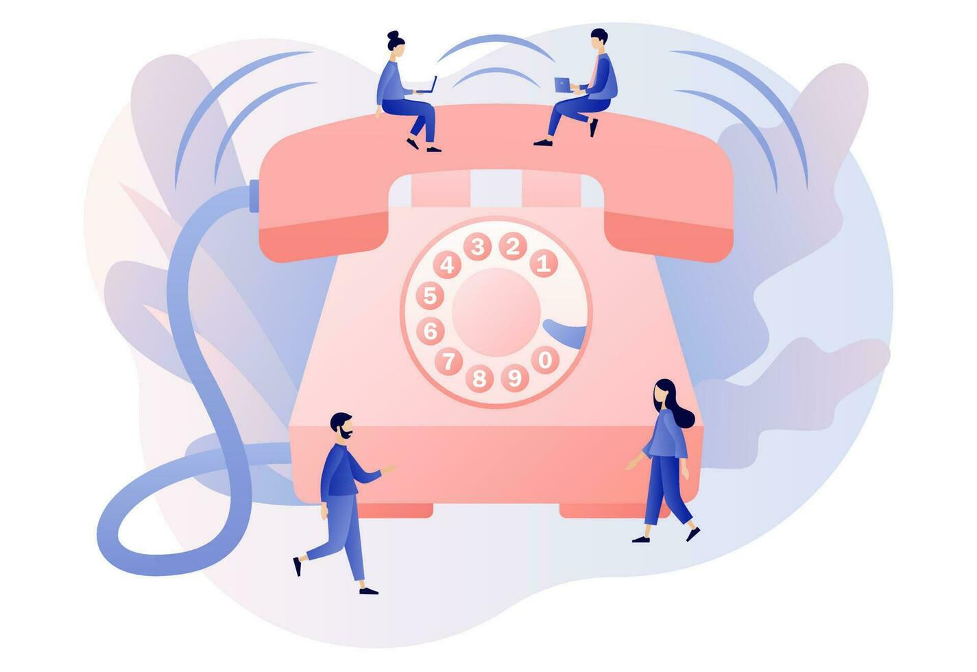 telefone chamar. grande retro telefone e minúsculo pessoas. entrada ligar conceito. comunicação dispositivo. moderno plano desenho animado estilo. vetor ilustração em branco fundo