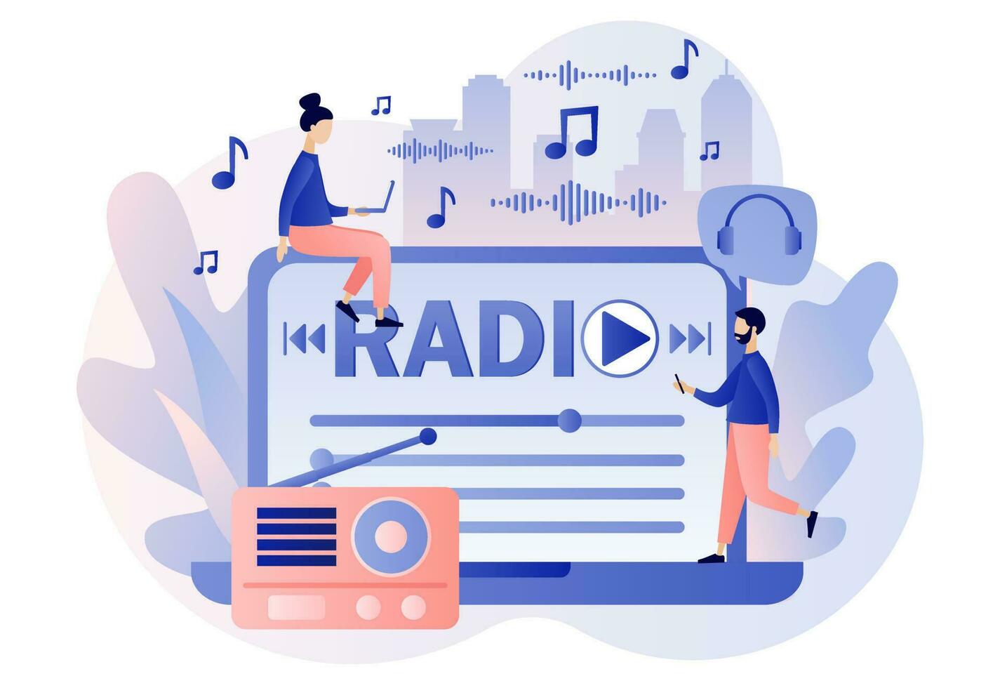 rádio no ar em computador portátil. minúsculo pessoas ouvindo caixa de som, áudio, música, conversa mostrar, entrevistas do convidado on-line. retro velho rádio. moderno plano desenho animado estilo. vetor ilustração em branco fundo