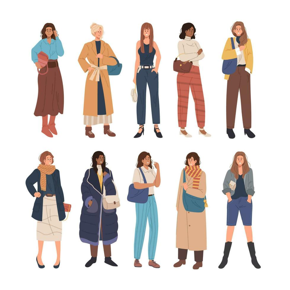lindo mulheres com à moda e na moda roupa. moda mulheres coleção dentro plano desenho animado ilustração vetor