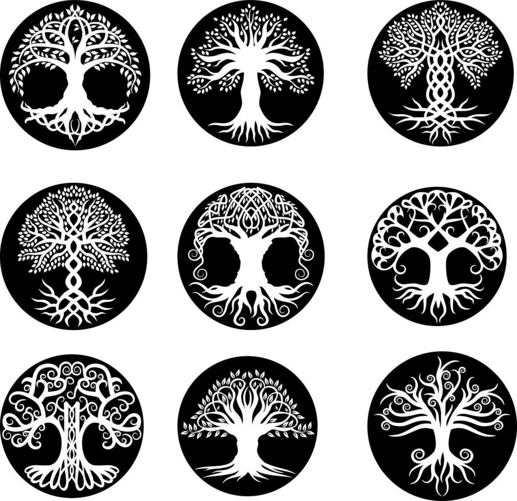 conjunto do diferentes céltico árvore silhueta vetor conjunto de ilustrações do diferentes céltico árvore silhueta vetor ilustração
