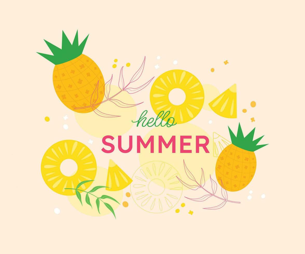 Olá verão. brilhante, verão fundo, poster com abacaxi e tropical folhas. ensolarado, amarelo fundo com exótico frutas e Palma folhas. bandeira, cartão postal, modelo. vetor