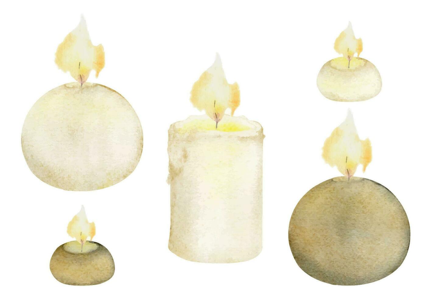 mão desenhado aguarela sortido velas aceso com chamas. votivos, bolas, chá luzes, pilares. isolado objeto em branco fundo. Projeto para bem estar recorrer, imprimir, tecido, cobrir, cartão, livreto. vetor