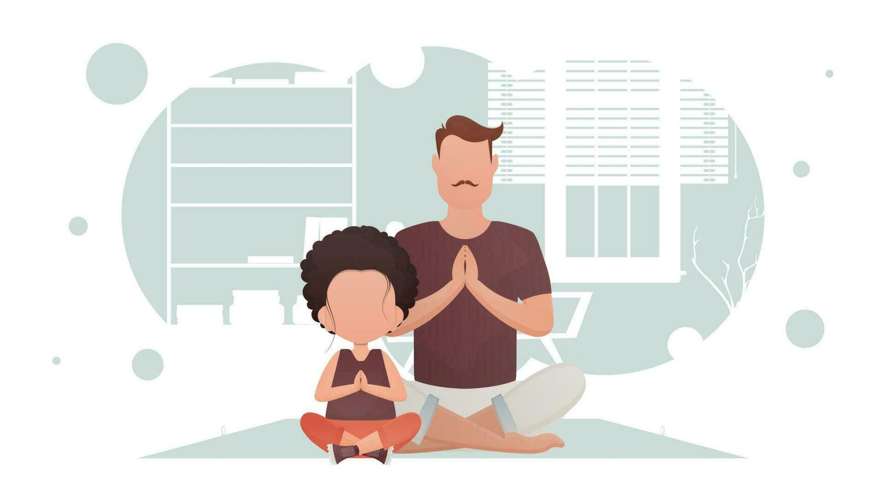 uma homem com uma pequeno menina estão sentado meditando. ioga. desenho animado estilo. vetor