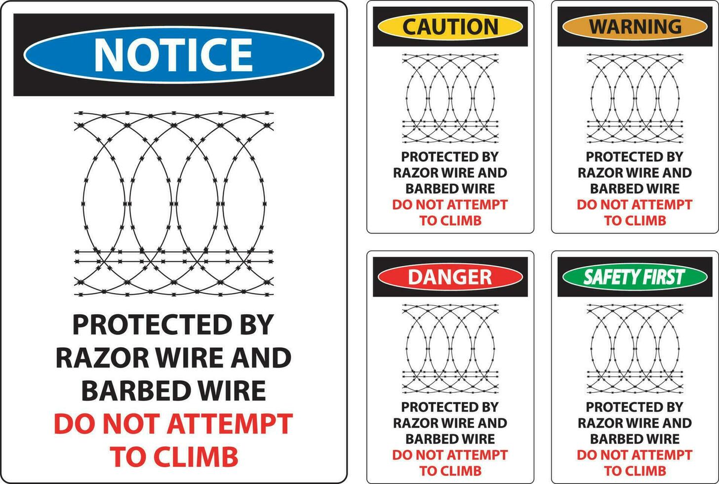 Perigo protegido de navalha fio e farpado arame, Faz não escalar placa vetor
