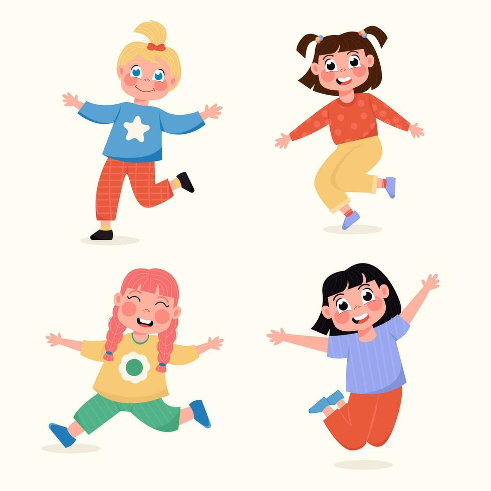 conjunto do feliz crianças meninas em pé dentro diferente poses, pulando dentro plano estilo vetor