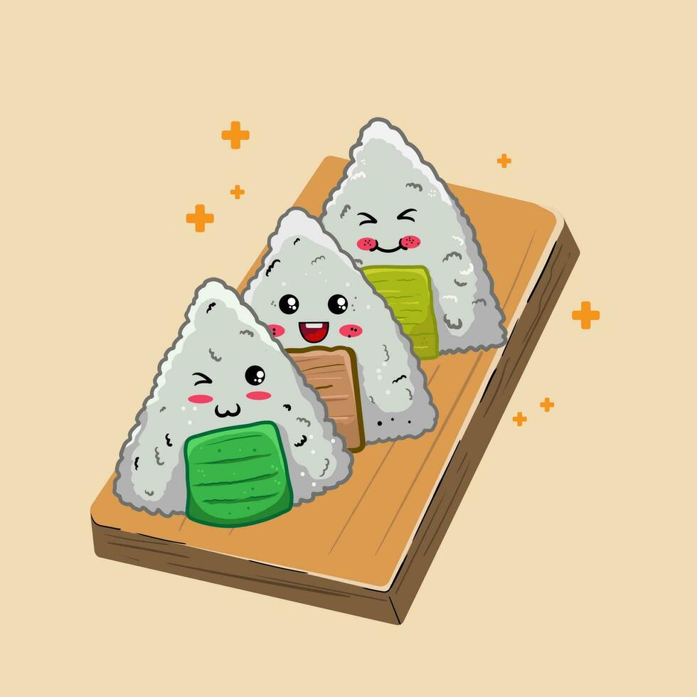 conjunto fofa Sushi onigiri dentro kawaii estilo com sorridente rostos. japonês tradicional cozinha pratos. pode estar usava para camiseta imprimir, adesivo, cumprimento cartão, cardápio Projeto. vetor