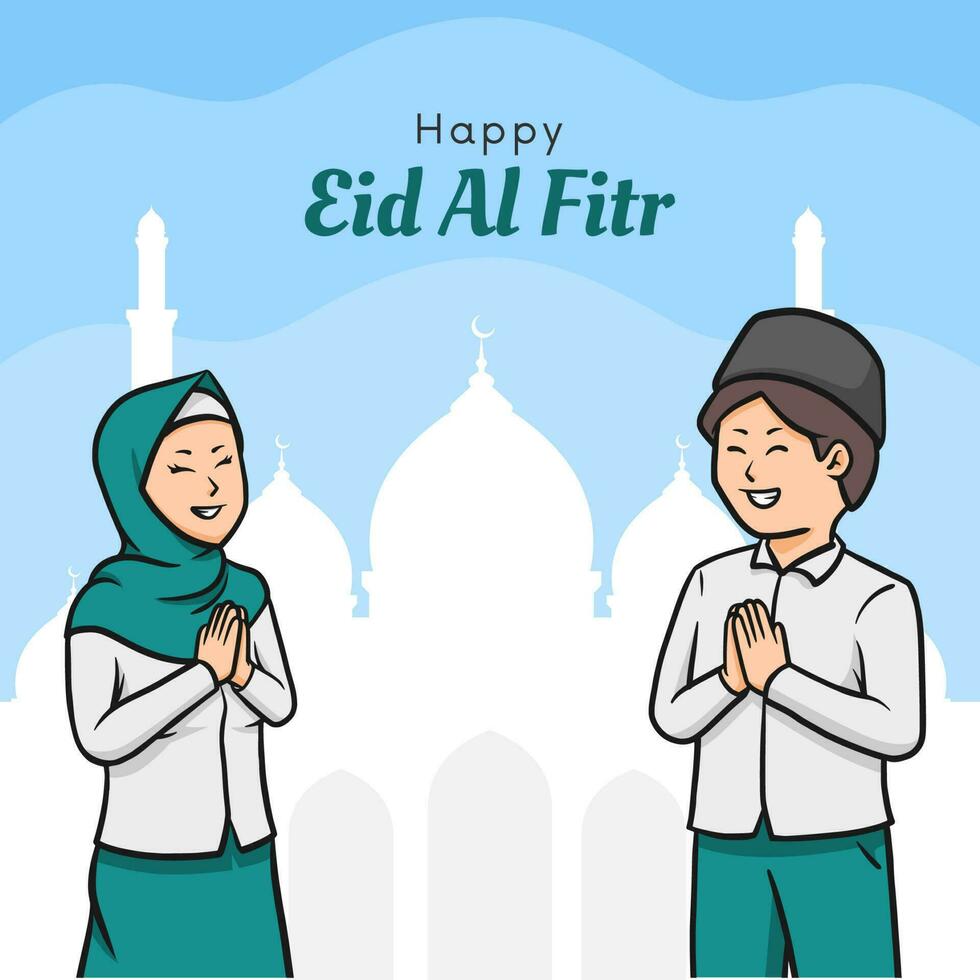 eid al fitr. feliz Ramadã. fofa desenho animado personagens muçulmano Garoto e menina vetor