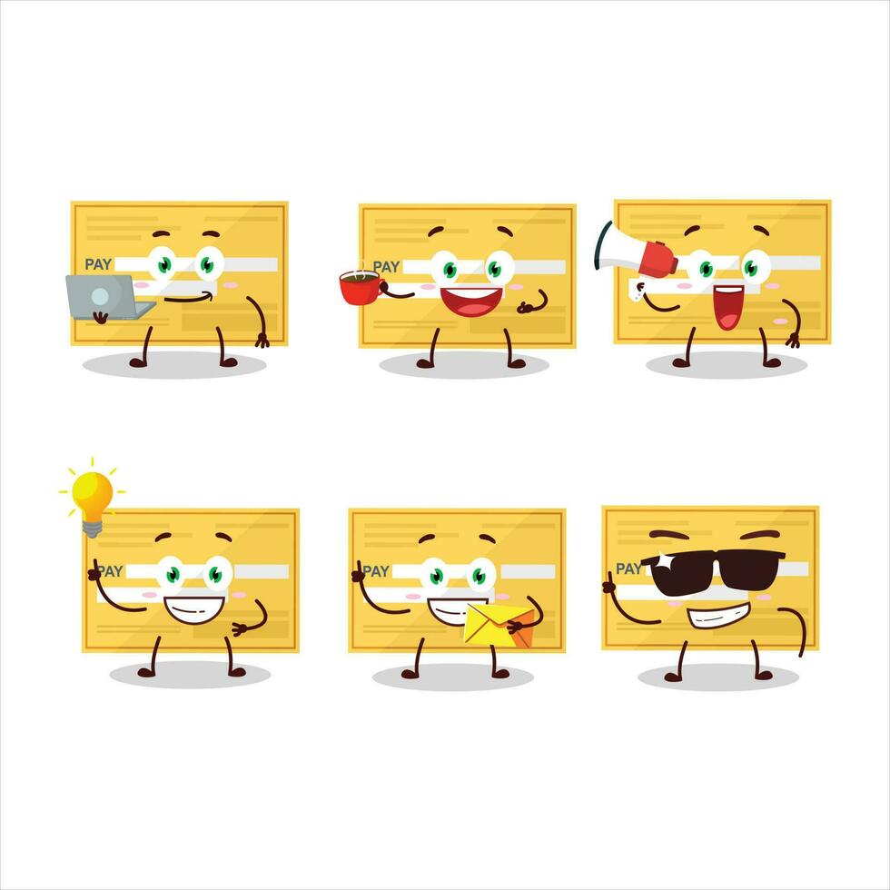 Forma de pagamento Verifica papel desenho animado personagem com vários tipos do o negócio emoticons vetor