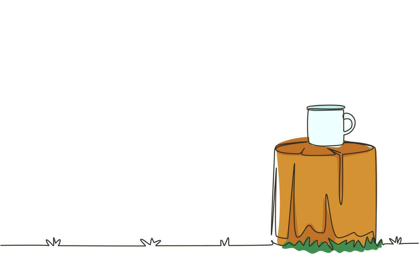 única linha contínua desenho maquete de caneca de café esmalte branco fogueira na mesa de log no acampamento ou terreno de acampamento. caneca vazia simulada para promoção de design. ilustração vetorial de design de desenho de uma linha vetor