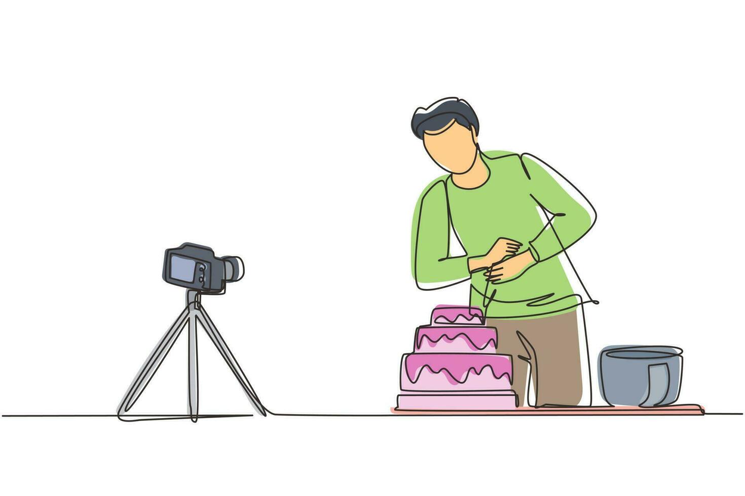 único influenciador de desenho de linha contínua ou blogueiro de comida criando conteúdo. homem gravando vídeo de culinária usando a câmera no tripé. chef assando e decorando o bolo na cozinha. vetor de design de desenho de uma linha