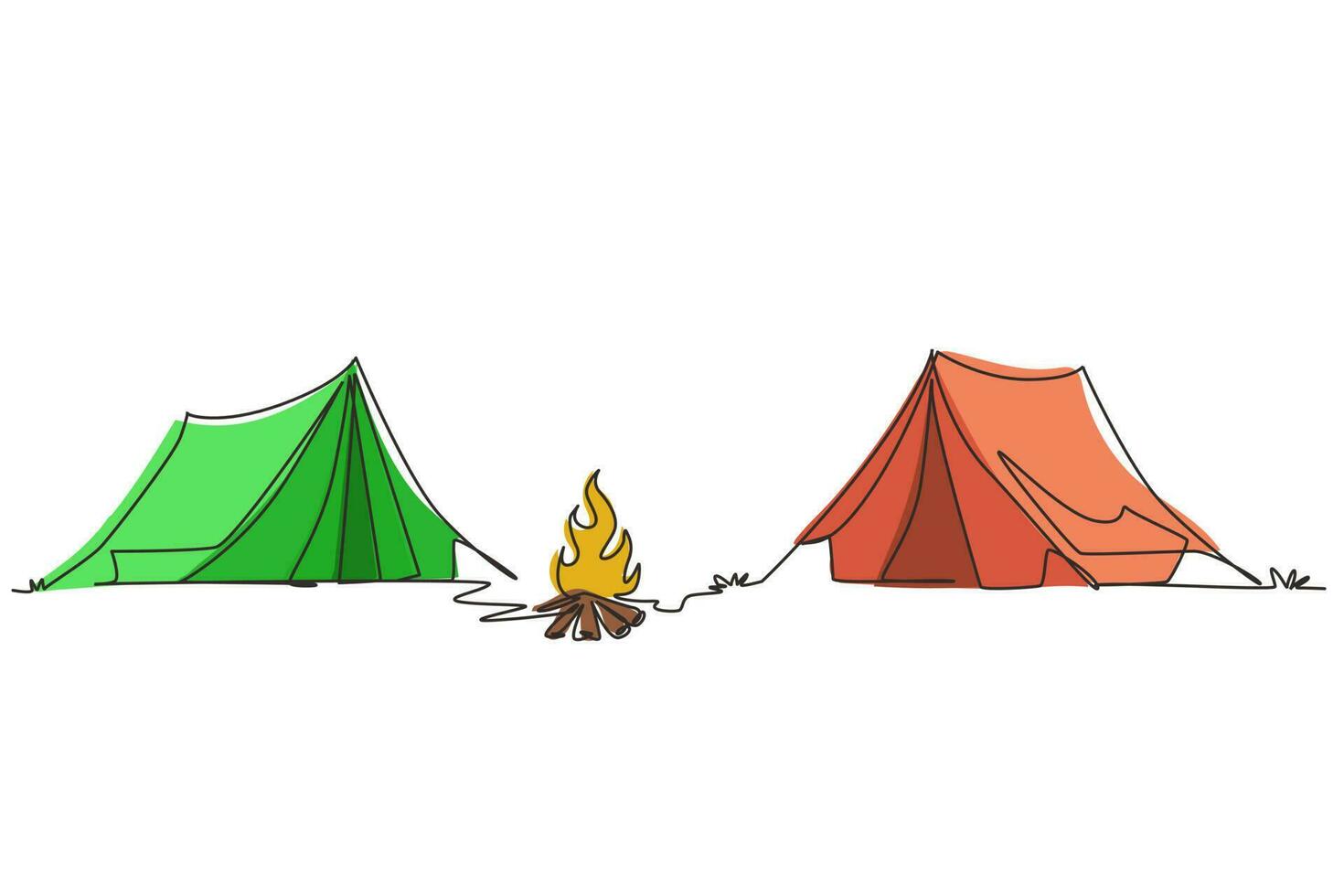 uma única linha desenhando duas tendas com fogueira. escalada, trekking, caminhadas, caminhadas. esportes, camping, recreação ao ar livre, aventuras na natureza, férias. ilustração em vetor design de desenho de linha contínua
