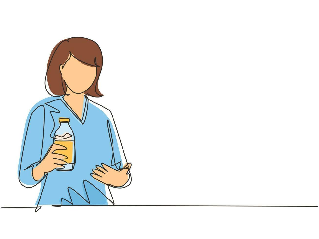 uma jovem de desenho de linha única segura e mostrando uma garrafa de produto vegetariano saudável de leite de amêndoa fresco sorri alegremente. nutrição alimentar para as pessoas. ilustração em vetor design de desenho de linha contínua