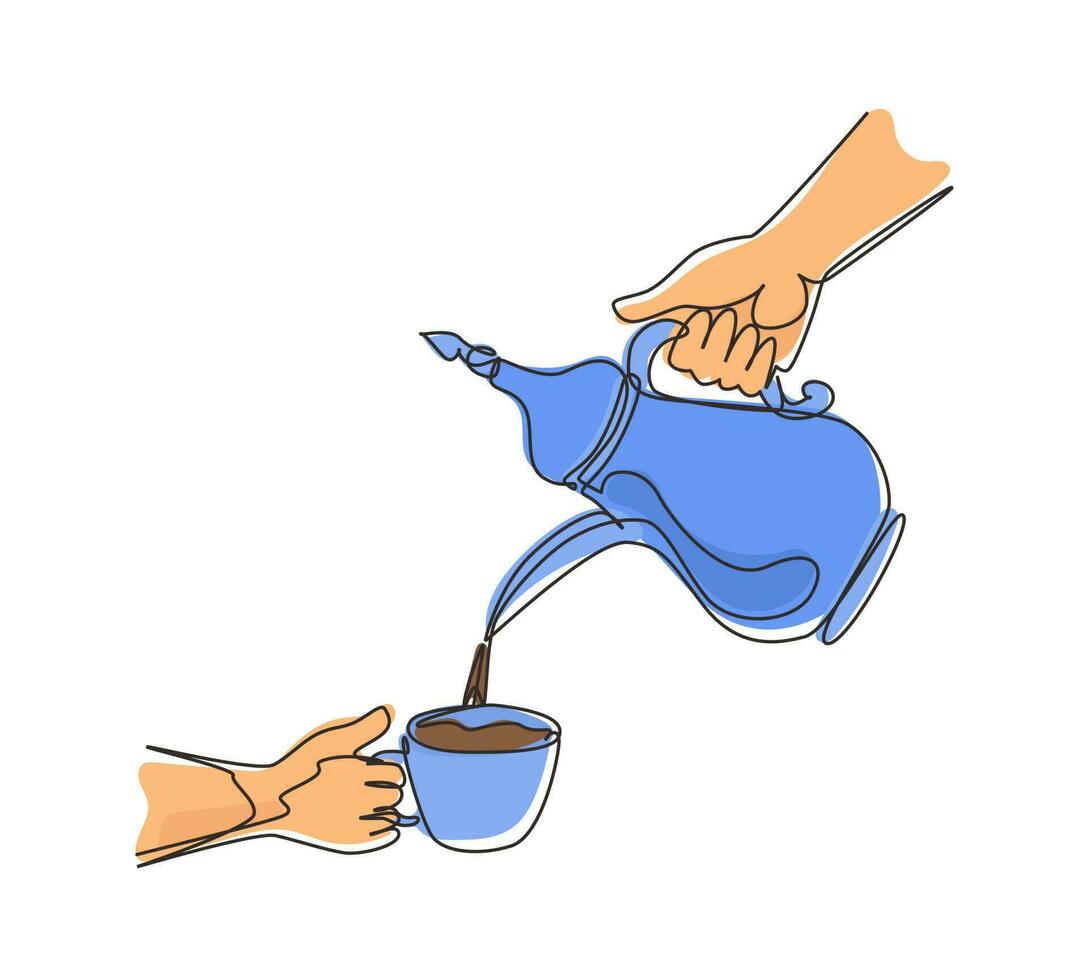 mão de desenho de linha contínua única derramando café preto quente do bule de café árabe tradicional na xícara. fazendo café na festa de família. pote de aço inoxidável. ilustração vetorial de design de desenho de uma linha vetor