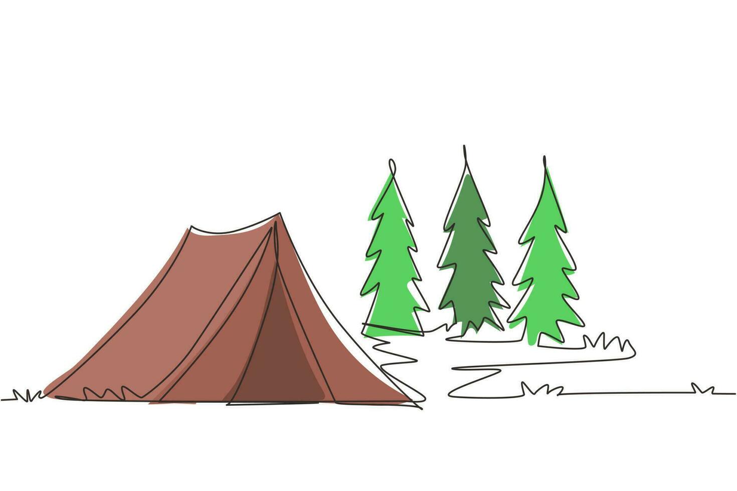 uma única linha desenhando uma tenda turística na floresta de pinheiros, montanhas no céu nublado. acampamento de verão. atividades naturais ao ar livre. barraca e acampamento de fogo. ilustração em vetor gráfico de desenho de linha contínua