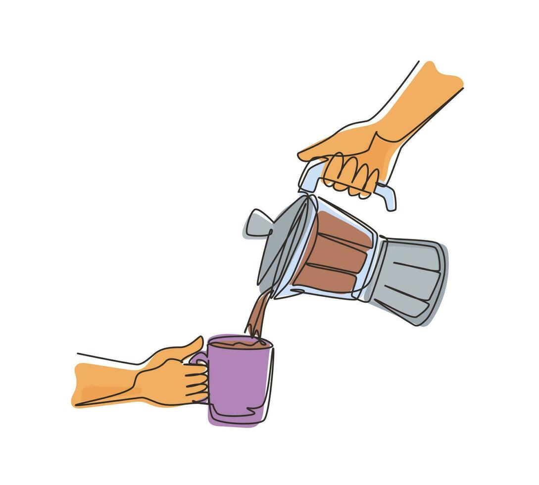 barista de desenho contínuo de uma linha despeje espresso do pote de moka. cafeteira moka para fazer café expresso na mão. café em safra. conceito de moka de café barista. ilustração vetorial de design de desenho de linha única vetor