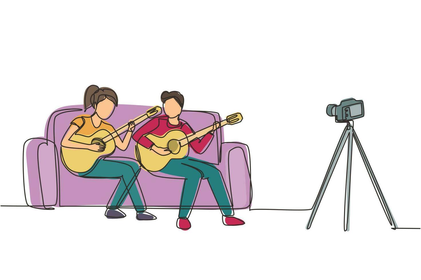 único desenho de linha contínua casal vlog influenciador realizando show de música para streaming de audiência on-line da Internet ouvindo em casa. homem mulher tocando violão e cantando música. vetor de design de desenho de uma linha