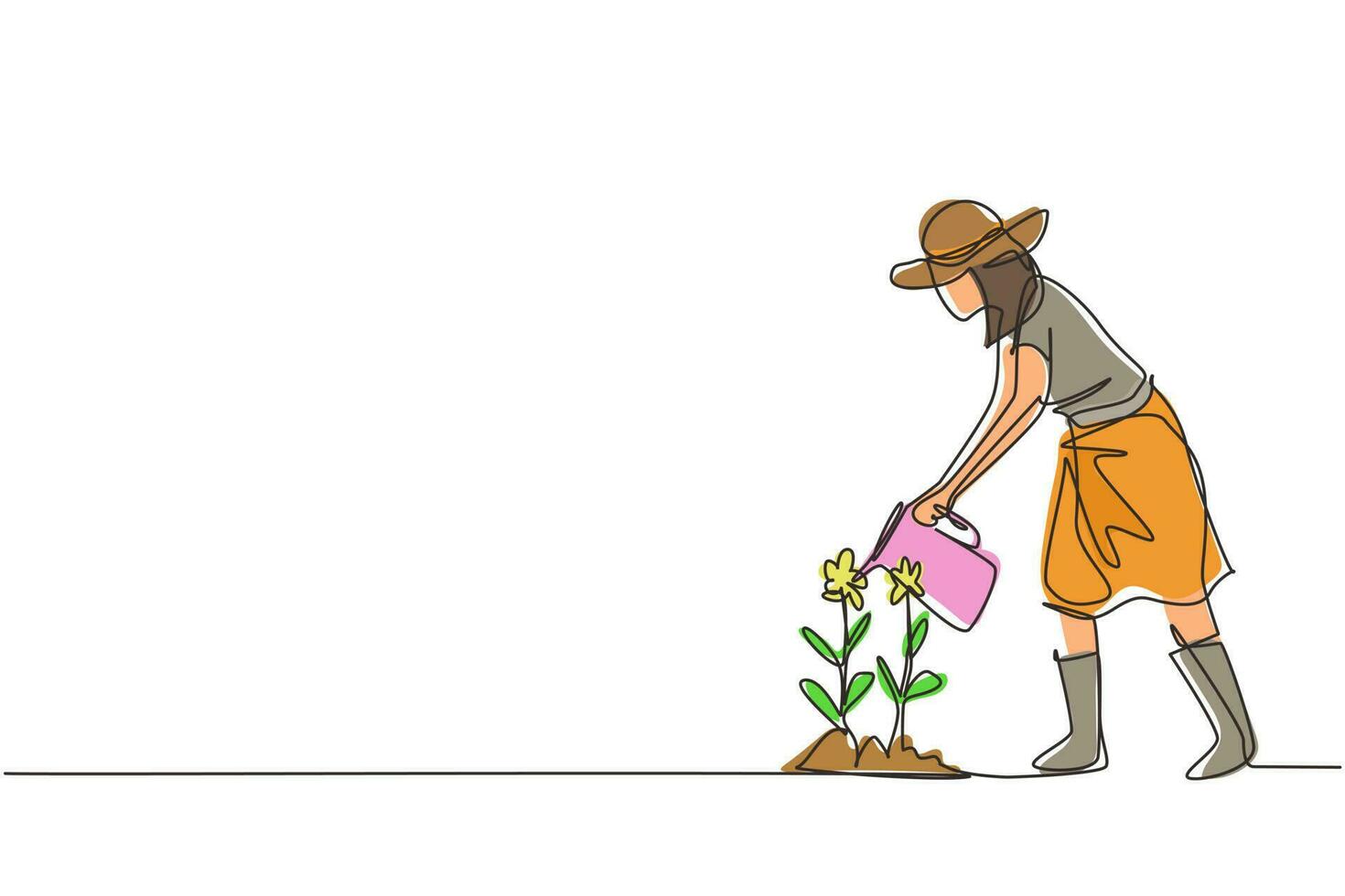 única menina de desenho de linha contínua voluntária planta molhando com regador, voluntariado, caridade, apoiando pessoas. jardim botânico, plantando flores. ilustração vetorial de design de desenho de uma linha vetor