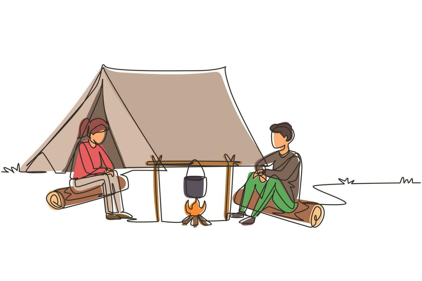 contínuos uma linha desenho casal varão mulher caminhantes sentado em log cozinhar refeições em bowler fervendo pote na fogueira perto de acampamento barraca camping natureza montanhas. ilustração vetorial de desenho de linha única vetor