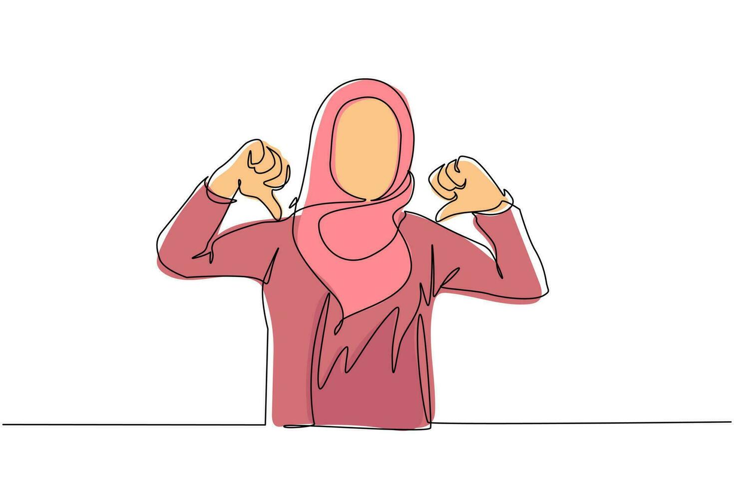 único desenho de uma linha mulher árabe infeliz mostrando os polegares para baixo o gesto do sinal. não gostar, discordar, desapontar, desaprovar, sem acordo. emoção, linguagem corporal. vetor gráfico de desenho de desenho de linha contínua