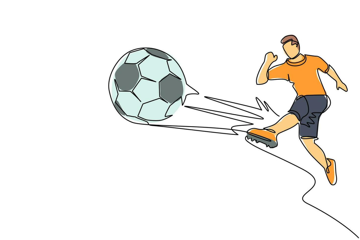 uma linha contínua desenhando um jovem jogador de futebol masculino correndo e chutando a bola para a frente. homem jogando futebol em uniforme esportivo branco, botas, pé. ilustração gráfica de vetor de desenho de linha única