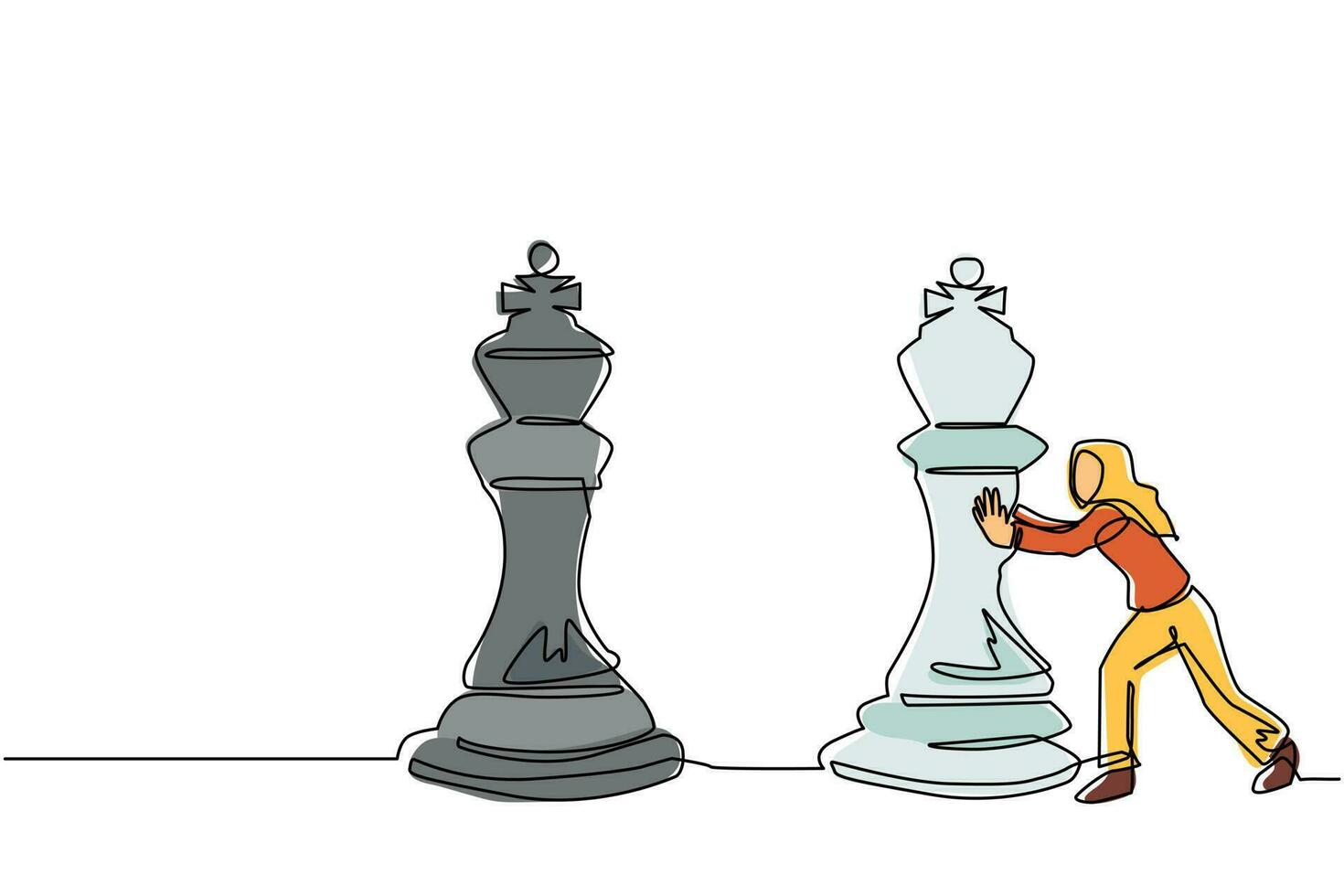único desenho de uma linha jovem empresário empurrar peça de xadrez rei  enorme. estratégia de negócios