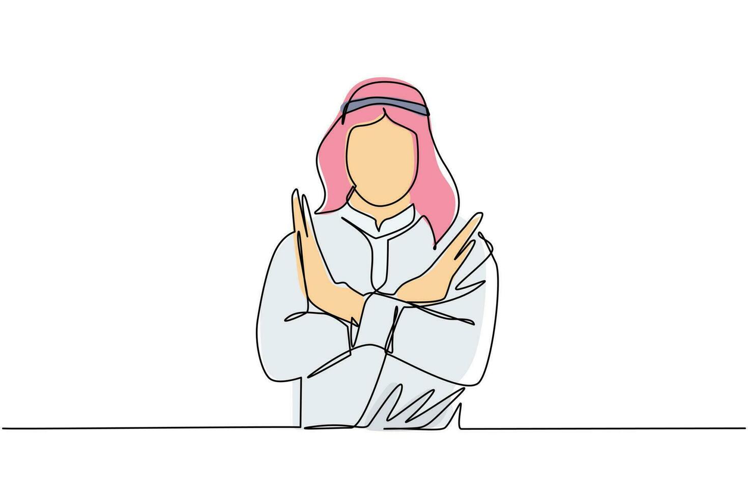 uma linha contínua desenhando jovem árabe cruzando os braços e não dizendo nenhum gesto. pessoa fazendo forma x, sinal de pare com as mãos e expressão negativa. ilustração gráfica de vetor de desenho de linha única