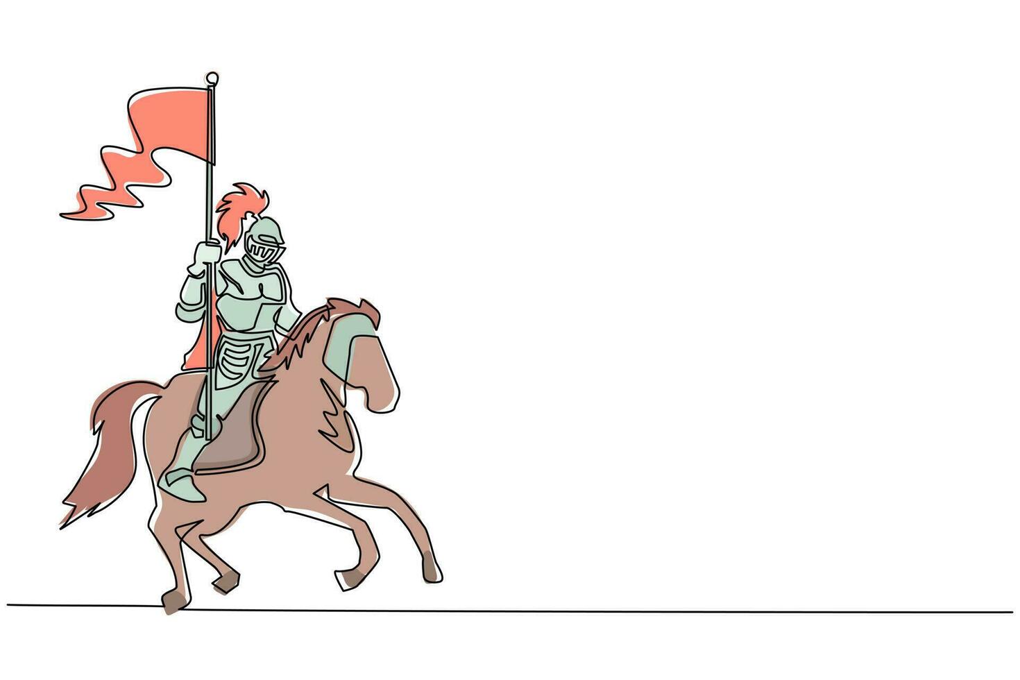 única linha contínua desenhando cavaleiro medieval a cavalo carregando bandeira. cavaleiro montado em armadura andando a cavalo no cavalo segurando a bandeira. lutador antigo. vetor de design gráfico de desenho dinâmico de uma linha