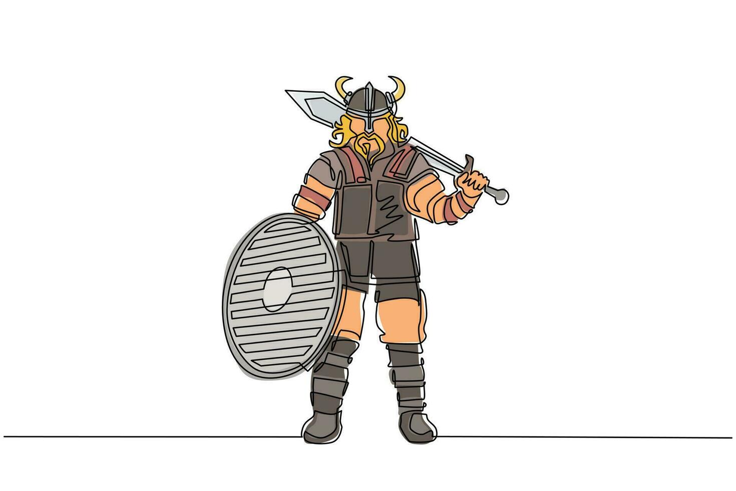 contínua uma linha de desenho norseman viking guerreiro raider bárbaro usando capacete com chifres com barba segurando a espada e escudo no fundo branco isolado. ilustração vetorial de desenho de linha única vetor