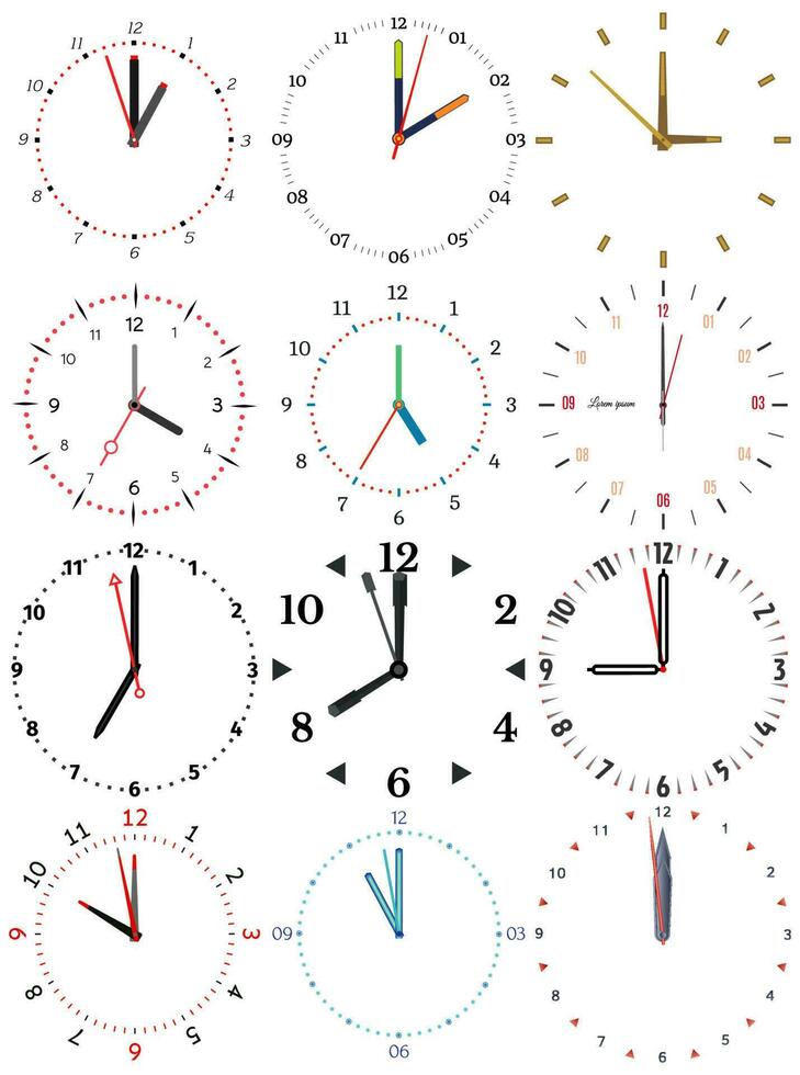 uma conjunto do diferente mecânico relógios com a imagem do cada do a doze horas. relógio face em branco fundo. vetor