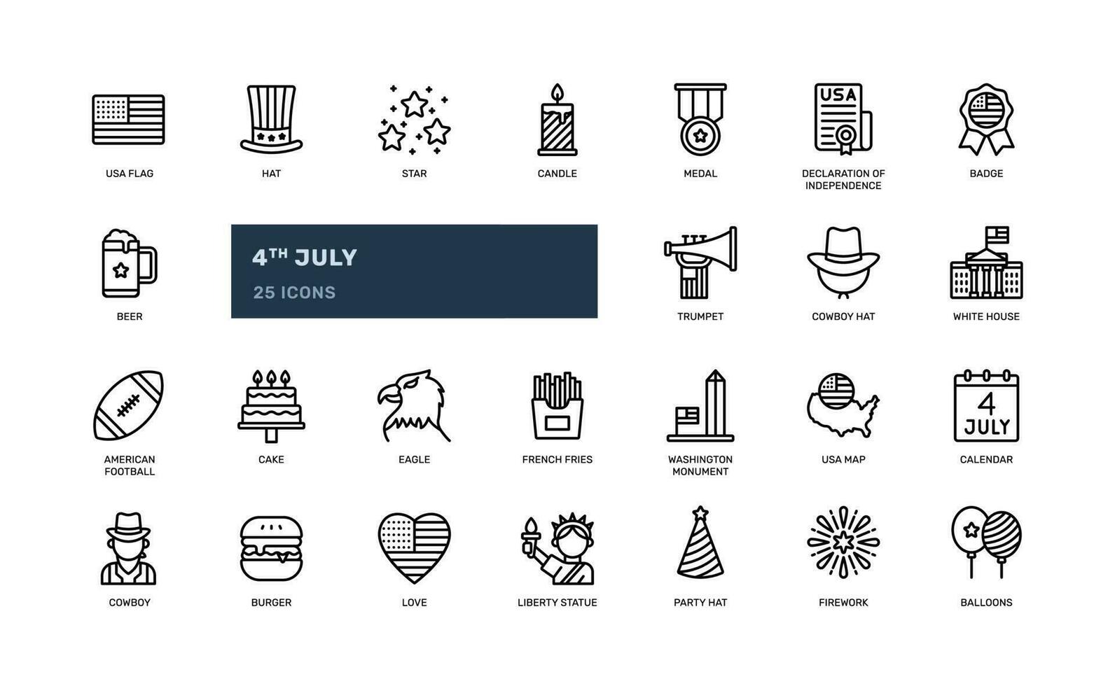 4º Julho independência dia do EUA patriotismo e nacionalidade detalhado esboço linha ícone conjunto vetor