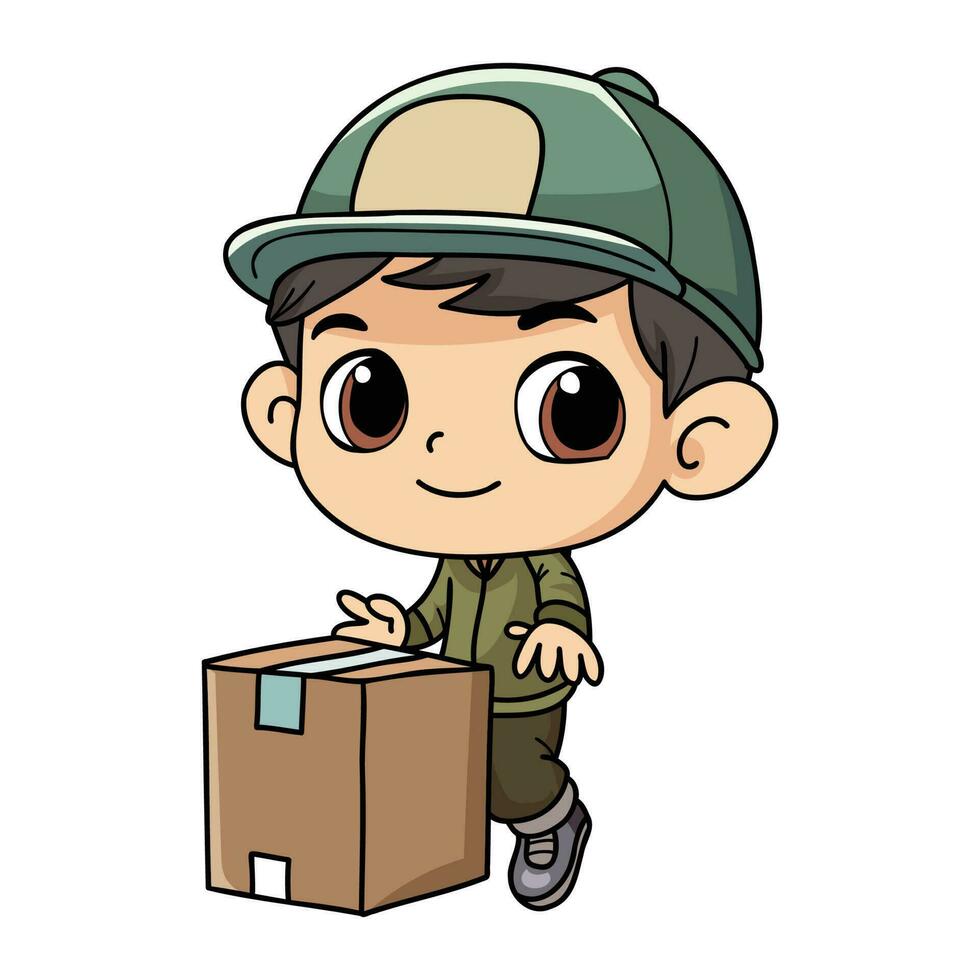 feliz Entrega homem com pacote caixa personagem ilustração dentro rabisco estilo vetor